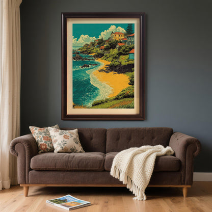A painting of a village by a beach in a coffee brown frame is hanging on a dark gray wall above a brown couch.