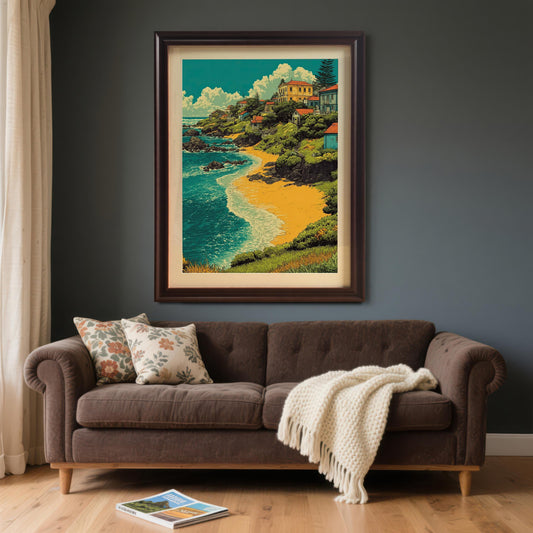 A painting of a village by a beach in a coffee brown frame is hanging on a dark gray wall above a brown couch.