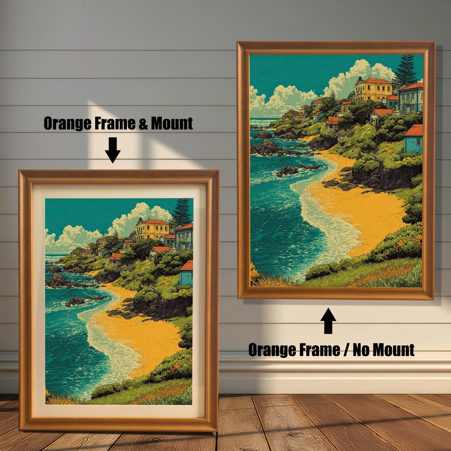 Two versions of a painting of a village by a beach in an orange-brown frame. The one on the left has a light-colored mat, and the one on the right has no mat.