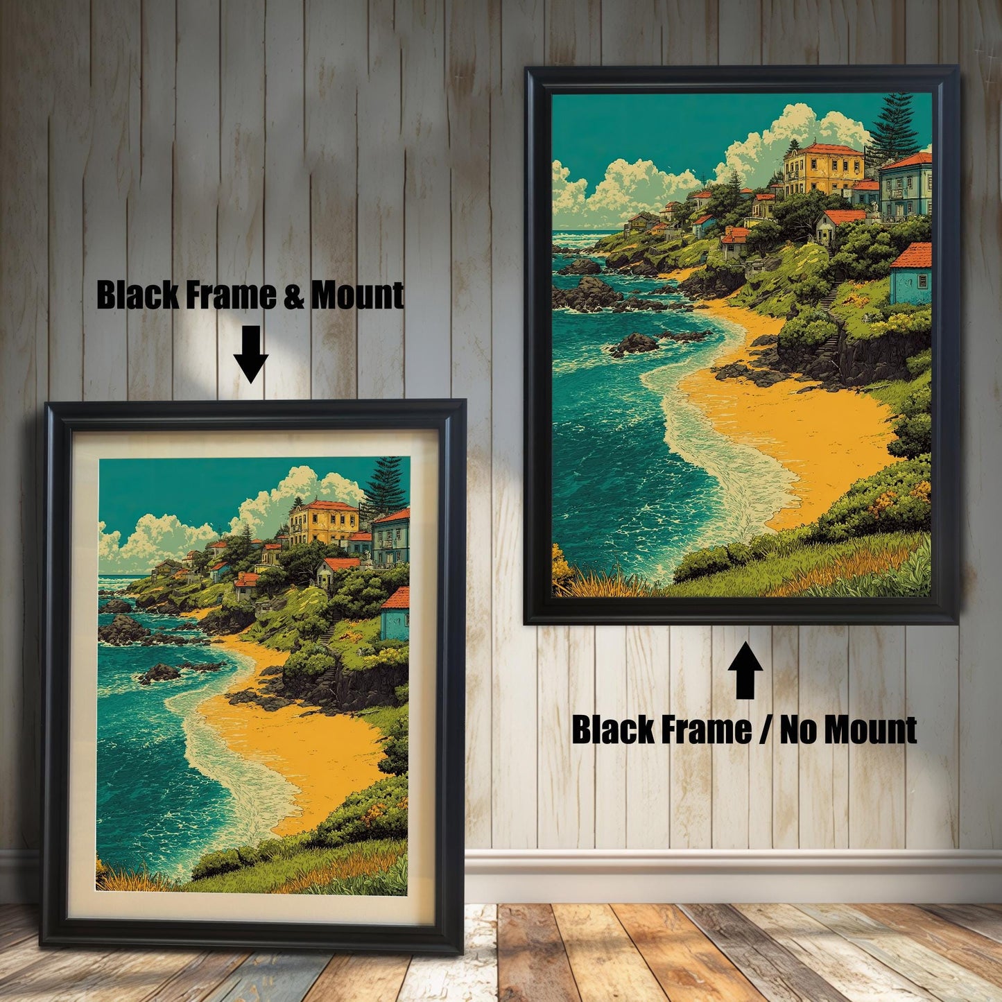 Two versions of a painting of a village by a beach in a black frame. The one on the left has a light-colored mat, and the one on the right has no mat.