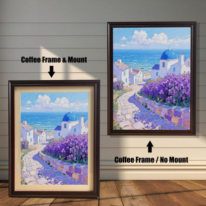 A painting of white houses with a blue dome by the sea is shown in two coffee-colored frames against a wood wall. One has a mount, while the other doesn't, highlighting the different framing options.