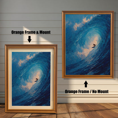 A side-by-side comparison of a framed surfing print with a mount and without a mount. Both prints are in an orange wood-style frame. Text labels the images "Orange Frame & Mount" and "Orange Frame / No Mount."