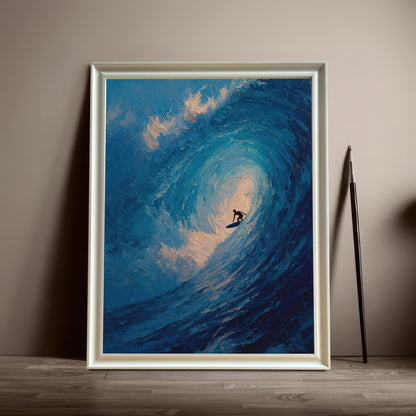 A framed print of a surfer on a wave. The print is in a white frame and leans against a wall on a wooden floor next to a tall, dark pencil.