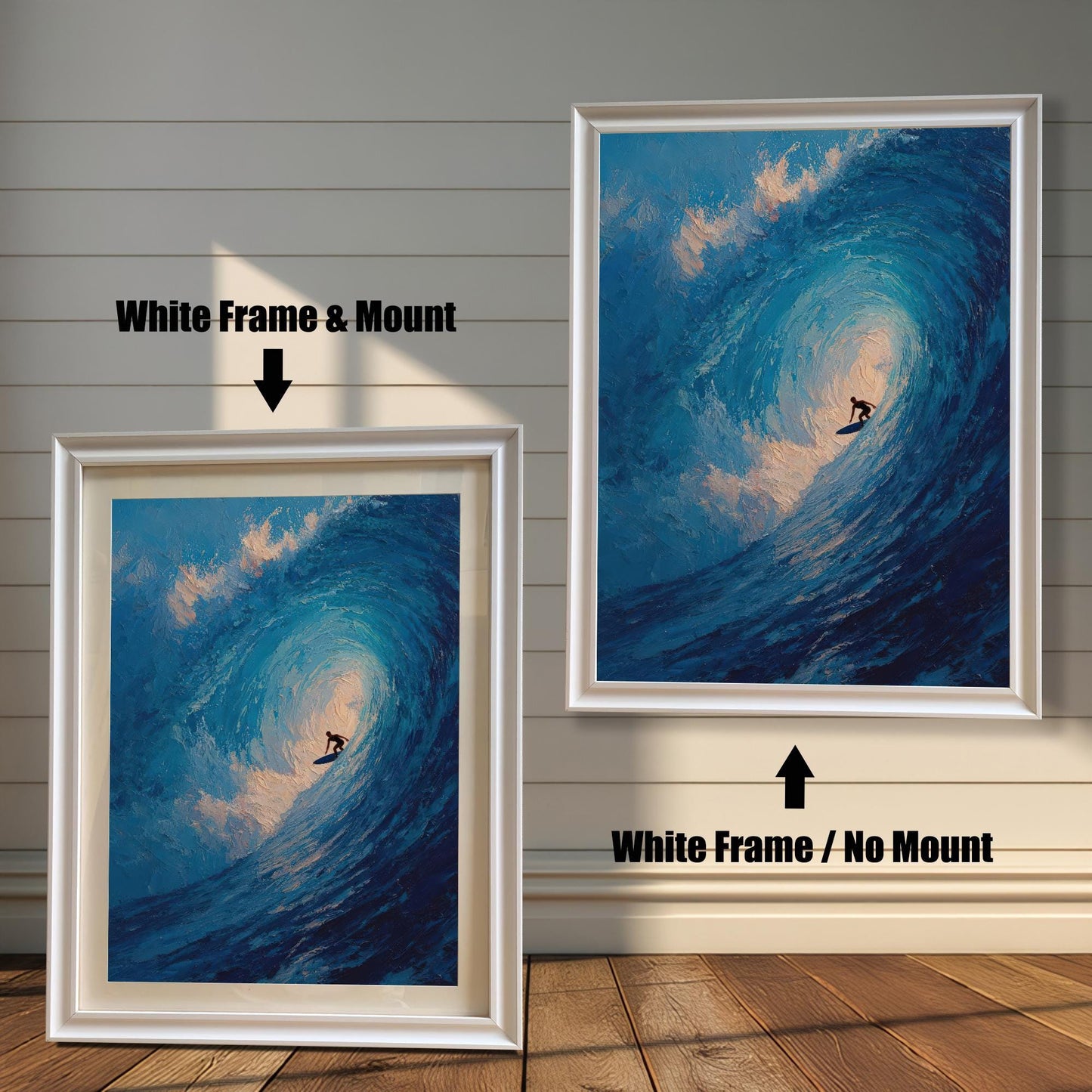 A side-by-side comparison of a framed surfing print with a mount and without a mount. Both prints are in a white frame. Text labels the images "White Frame & Mount" and "White Frame / No Mount."