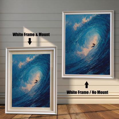 A side-by-side comparison of a framed surfing print with a mount and without a mount. Both prints are in a white frame. Text labels the images "White Frame & Mount" and "White Frame / No Mount."
