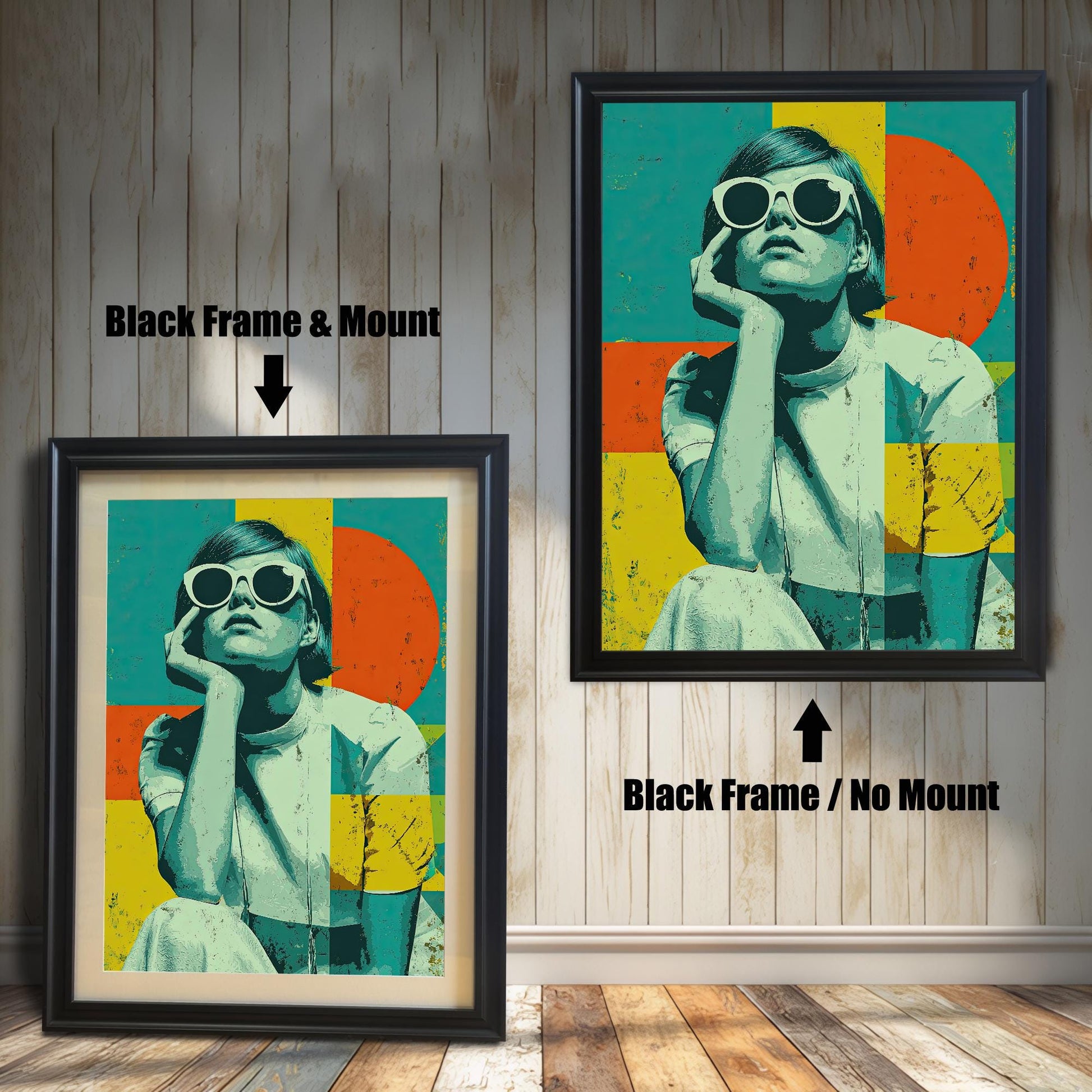 A side-by-side comparison of a framed print with a mount and without a mount. Both prints feature a pop-art style image and are in a black frame. Text labels the images "Black Frame & Mount" and "Black Frame / No Mount."