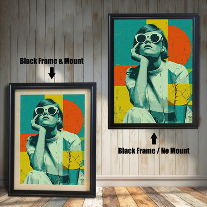 A side-by-side comparison of a framed print with a mount and without a mount. Both prints feature a pop-art style image and are in a black frame. Text labels the images "Black Frame & Mount" and "Black Frame / No Mount."