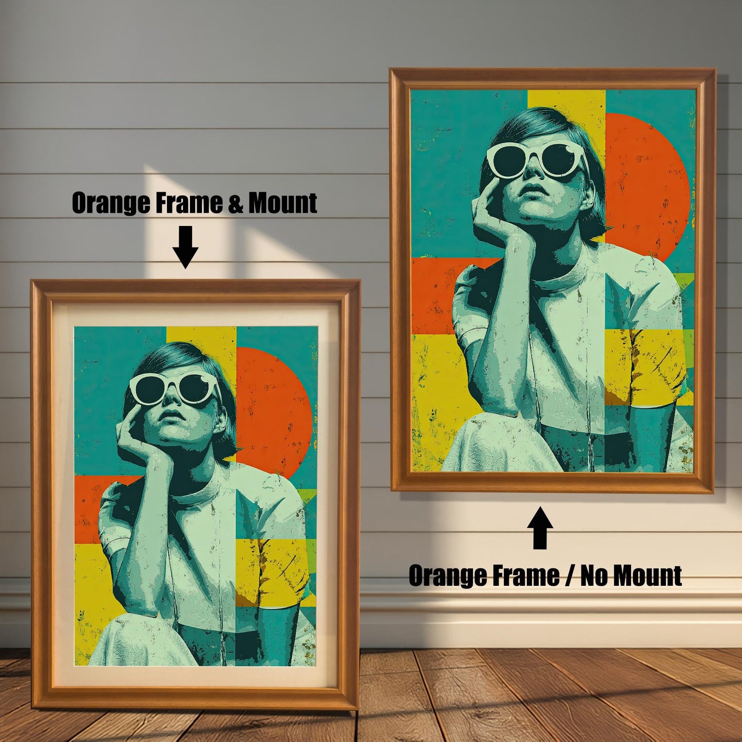 A side-by-side comparison of a framed print with a mount and without a mount. Both prints feature a pop-art style image and are in an orange wood-style frame. Text labels the images "Orange Frame & Mount" and "Orange Frame / No Mount."