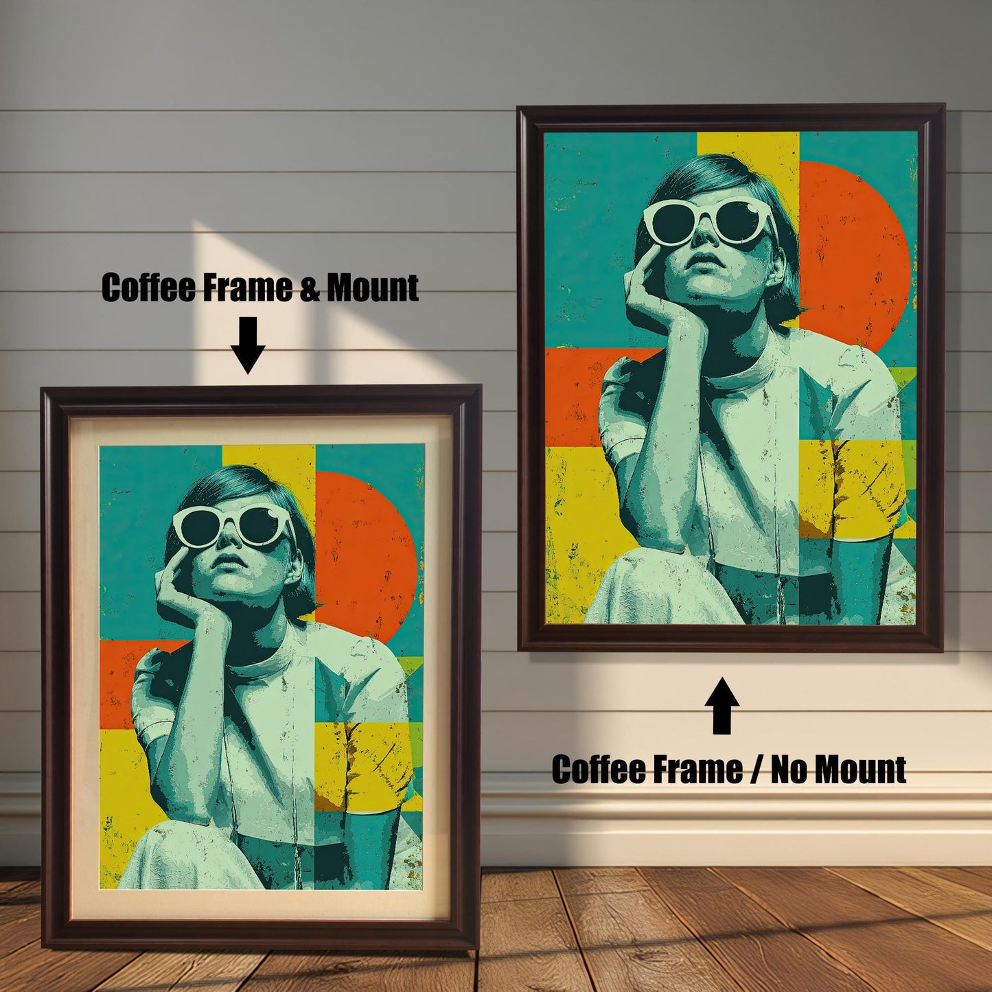 A side-by-side comparison of a framed print with a mount and without a mount. Both prints feature a pop-art style image and are in a dark brown frame. Text labels the images "Coffee Frame & Mount" and "Coffee Frame / No Mount."