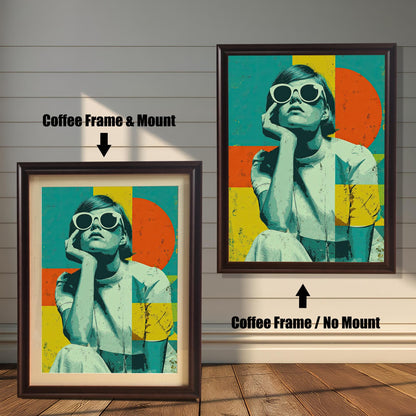 A side-by-side comparison of a framed print with a mount and without a mount. Both prints feature a pop-art style image and are in a dark brown frame. Text labels the images "Coffee Frame & Mount" and "Coffee Frame / No Mount."