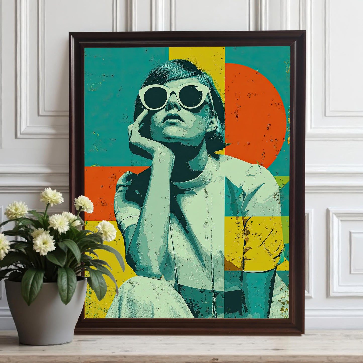A framed print of a woman in sunglasses with a pop-art style design. The frame is a dark brown, and the print is resting on a wooden surface next to a white potted plant.