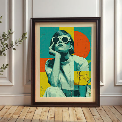 A framed print of a woman in sunglasses with a pop-art style design. The frame is dark brown, and the image is propped on a wooden floor against a white wall with ornate molding.