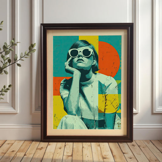 A framed print of a woman in sunglasses with a pop-art style design. The frame is dark brown, and the image is propped on a wooden floor against a white wall with ornate molding.