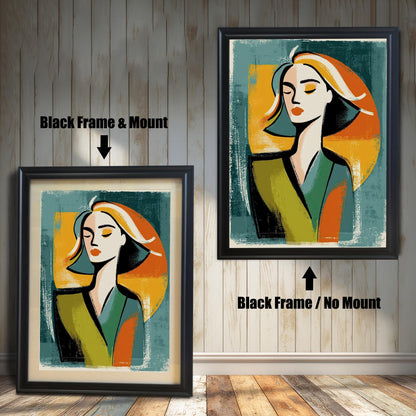 A side-by-side comparison of a framed print with a mount and without a mount. Both prints feature an abstract portrait and are in a black frame. Text labels the images "Black Frame & Mount" and "Black Frame / No Mount."