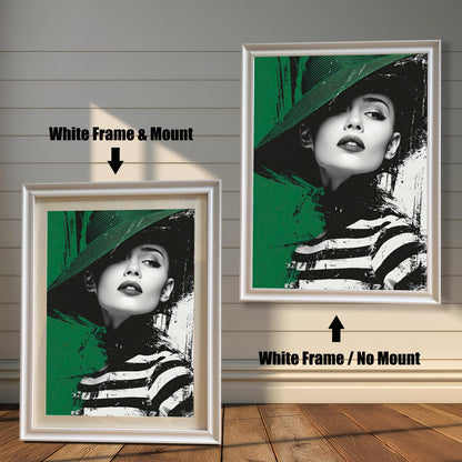 A side-by-side comparison of a framed print with a mount and without a mount. Both prints feature a portrait of a woman and are in a white frame. Text labels the images "White Frame & Mount" and "White Frame / No Mount."