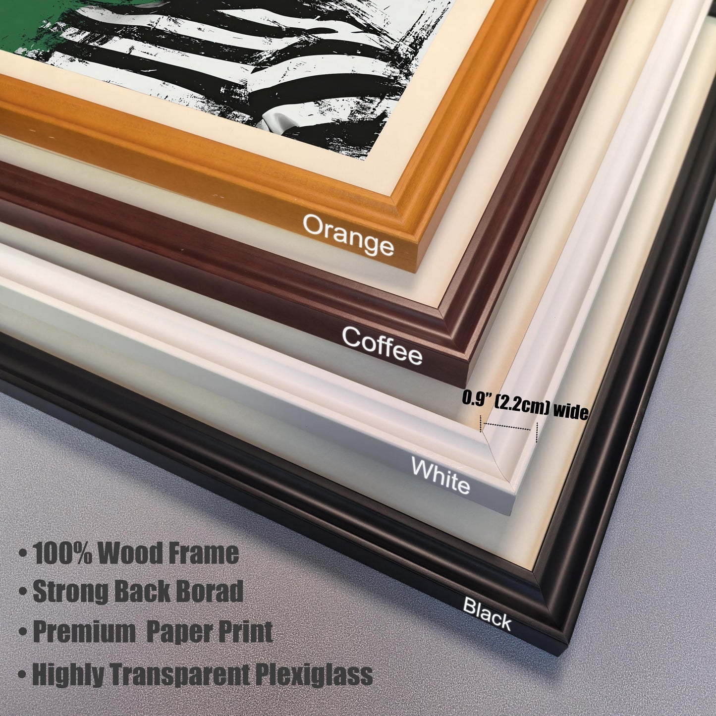 A close-up, stacked view of the corner of four different picture frames: orange, coffee, white, and black. A ruler indicates the frame width is 0.9 inches. Bullet points list features of the frame materials.