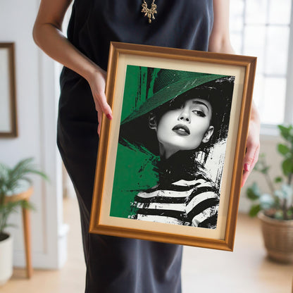 A person in a black dress holding a framed print of a woman's portrait. The frame is a light orange wood color, and the print is held for display.