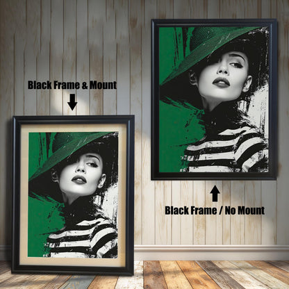 A side-by-side comparison of a framed print with a mount and without a mount. Both prints feature a portrait of a woman and are in a black frame. Text labels the images "Black Frame & Mount" and "Black Frame / No Mount."