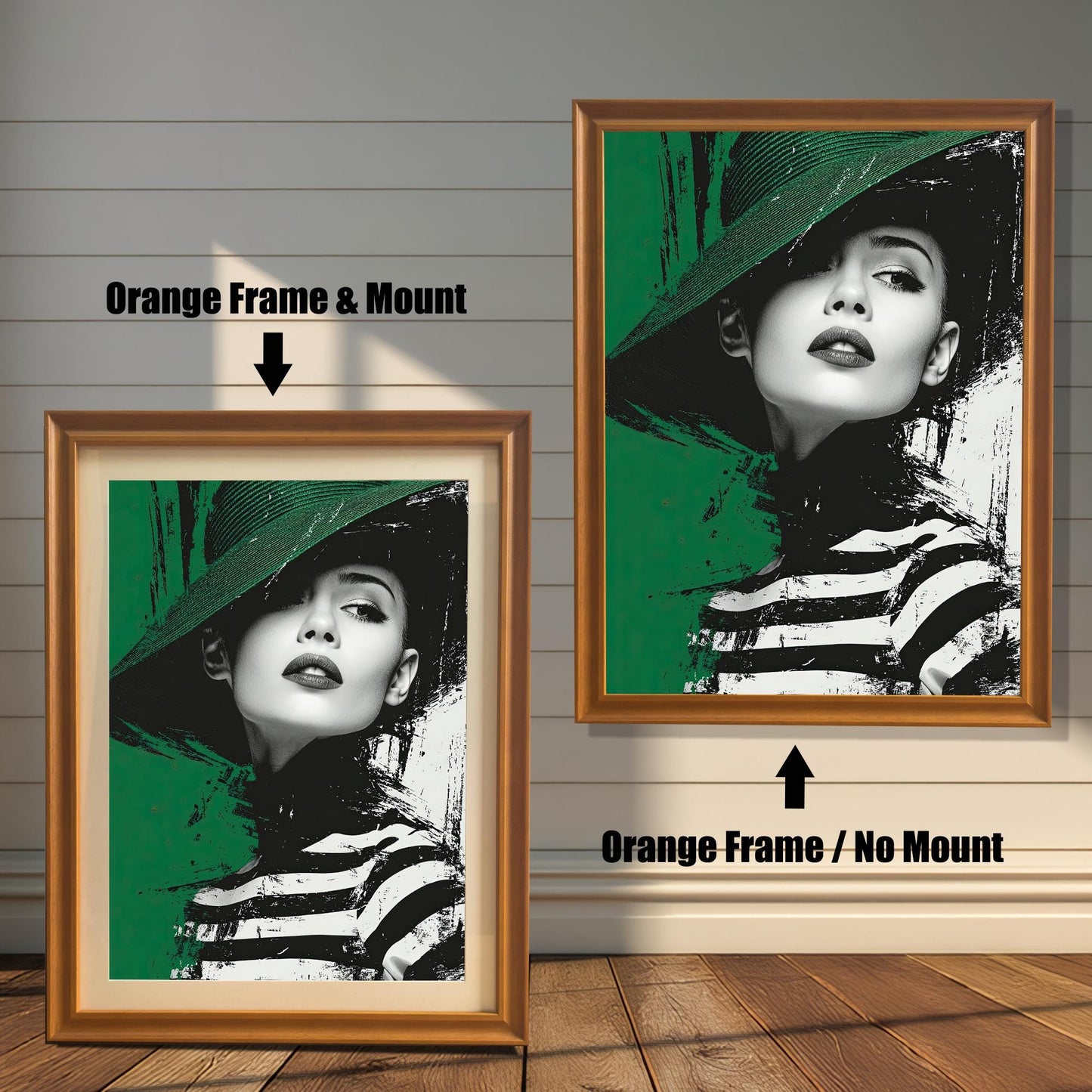 A side-by-side comparison of a framed print with a mount and without a mount. Both prints feature a portrait of a woman and are in a orange frame. Text labels the images "Orange Frame & Mount" and "Orange Frame / No Mount."