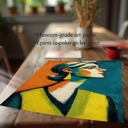 A close-up, angled shot of an unframed print of a woman's abstract portrait resting on a wooden table. Bullet points list the product features: "Museum-grade art paper" and "Epson 12-color giclee print."