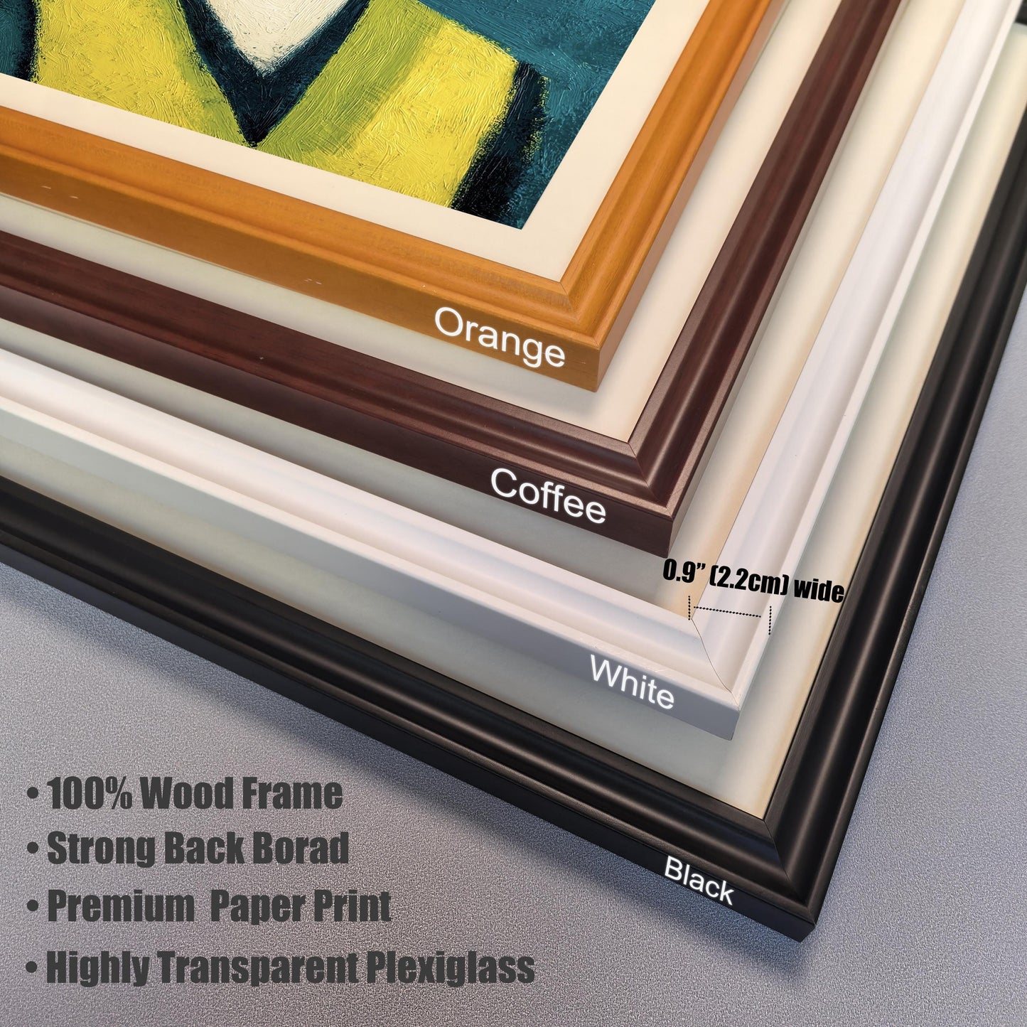 A close-up, stacked view of the corner of four different picture frames: orange, coffee, white, and black. A ruler indicates the frame width is 0.9 inches. Bullet points list features of the frame materials.