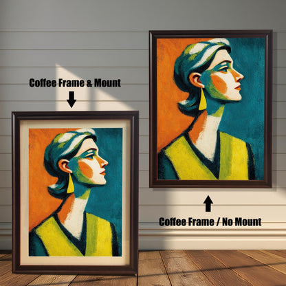 A side-by-side comparison of a framed print with a mount and without a mount. Both prints feature an abstract portrait and are in a dark brown frame. Text labels the images "Coffee Frame & Mount" and "Coffee Frame / No Mount."