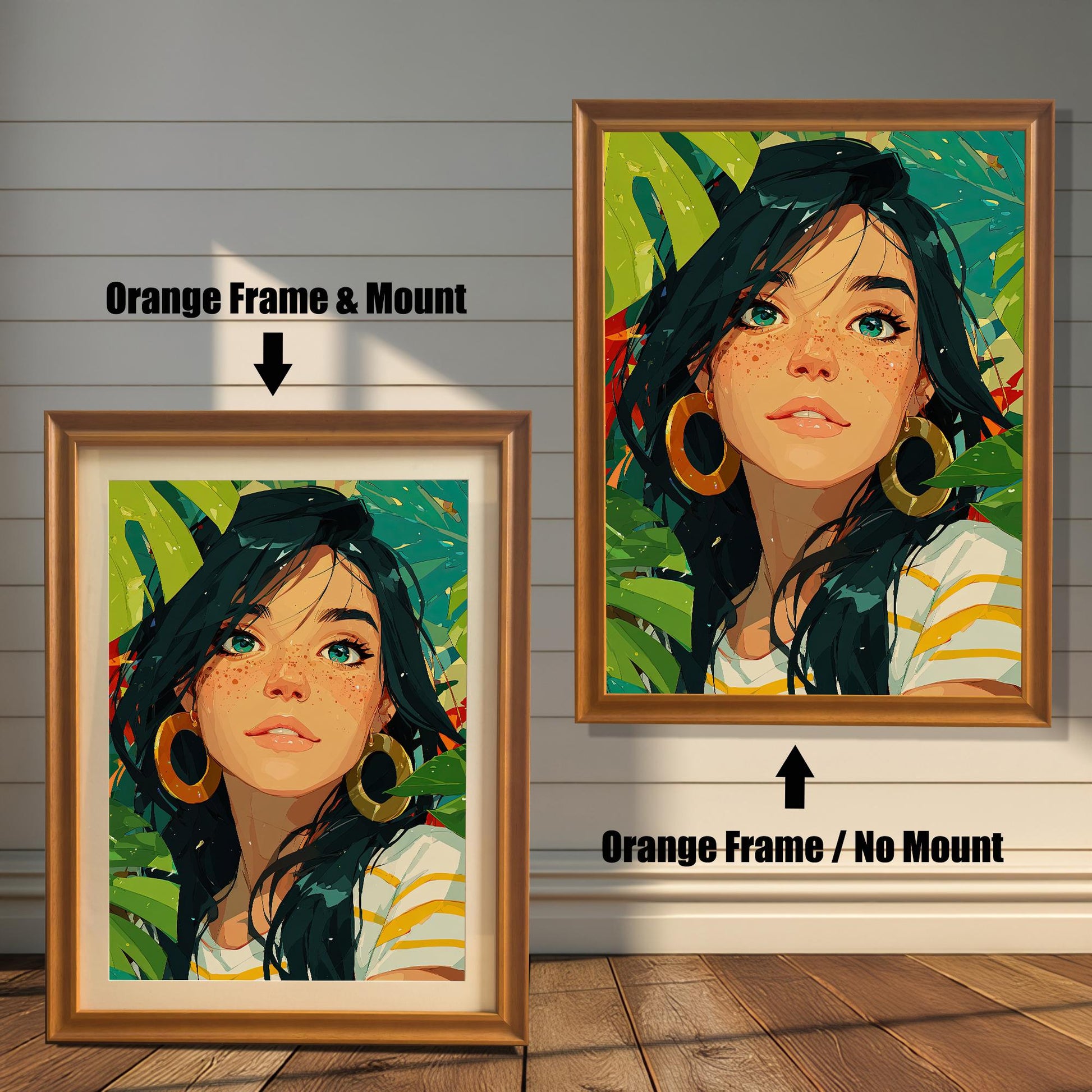 A print of a woman with black hair and green eyes is shown in two orange frames against a wood wall. One has a mount, and the other doesn't, illustrating the framing options.