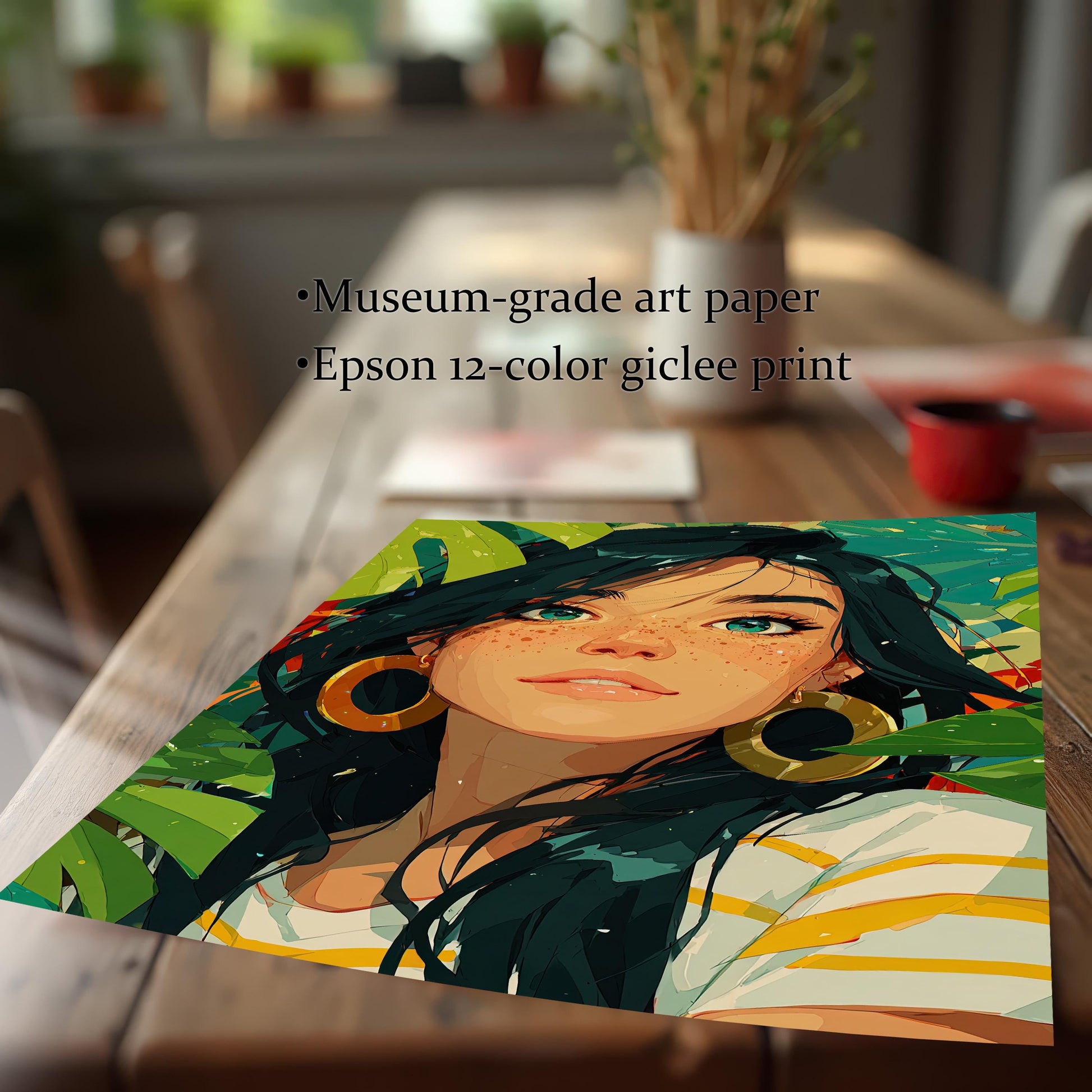 A loose print of a woman with green eyes and large hoop earrings is on a wooden table. Text highlights the use of "Museum-grade art paper" and "Epson 12-color giclee print."