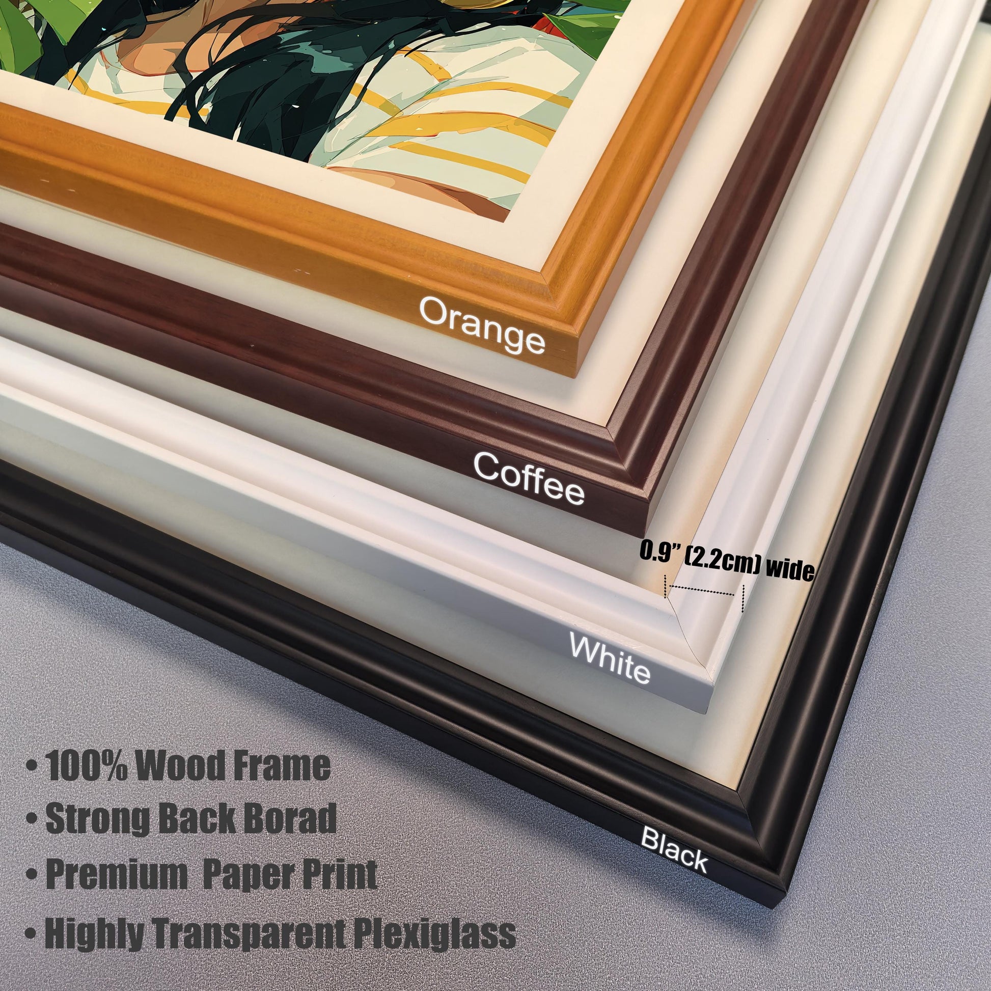 A close-up shows the corners of four wood frames in orange, coffee, white, and black. Text lists features like "100% Wood Frame" and "Highly Transparent Plexiglass."