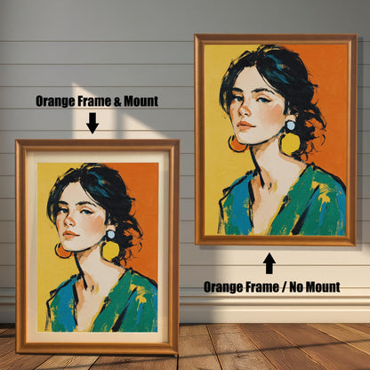 A painting of a woman with a serious expression is shown in two orange frames against a wood wall. One has a mount, and the other doesn't, illustrating the framing options.