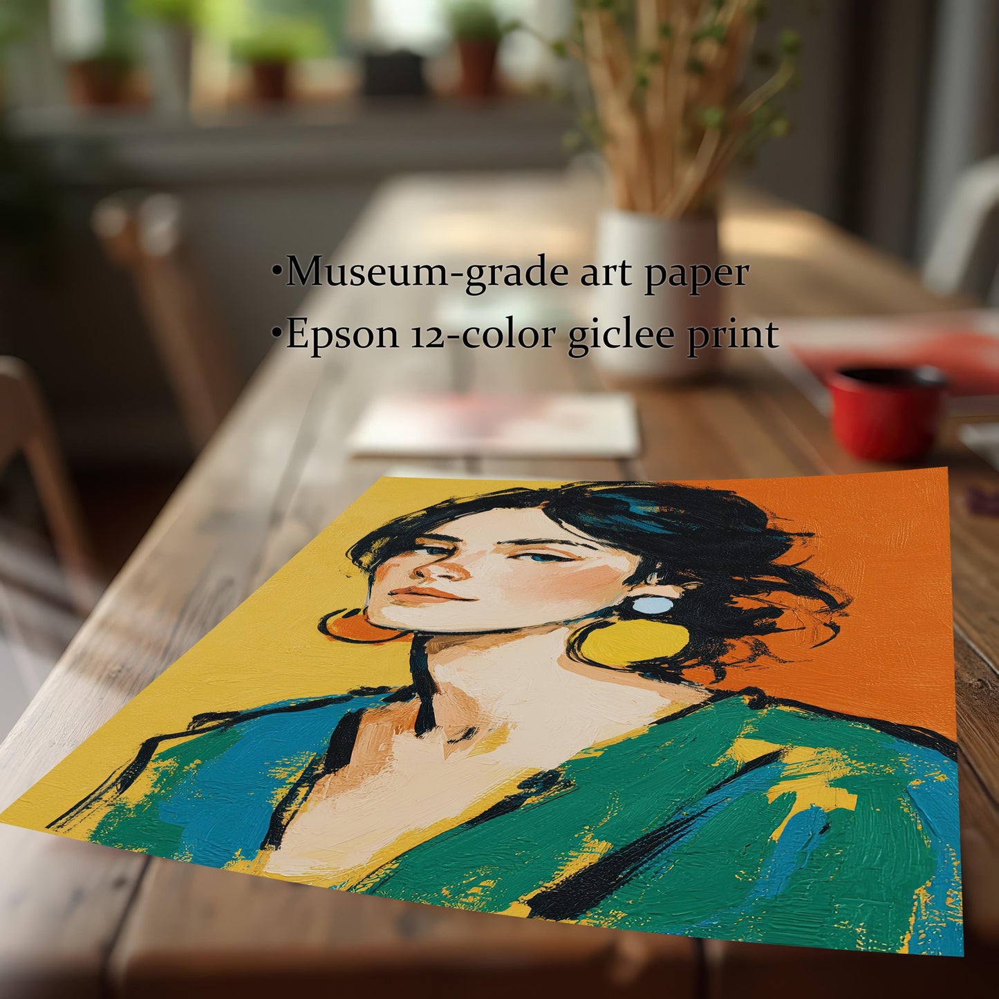 A loose art print of a woman in green and blue with a striking orange and yellow background is on a wooden table. Text highlights the use of "Museum-grade art paper" and "Epson 12-color giclee print."