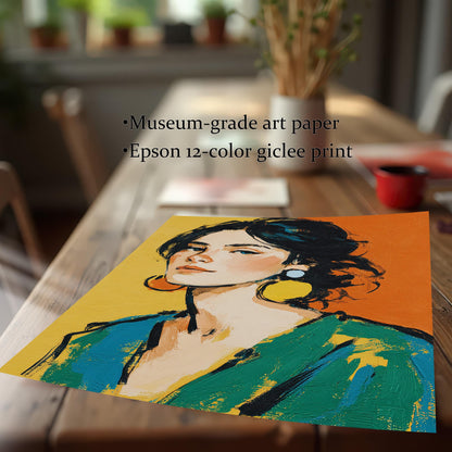 A loose art print of a woman in green and blue with a striking orange and yellow background is on a wooden table. Text highlights the use of "Museum-grade art paper" and "Epson 12-color giclee print."