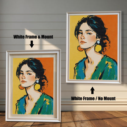 A painting of a woman with large earrings is shown in two white frames against a wood wall. One has a mount, and the other doesn't, illustrating the framing options.