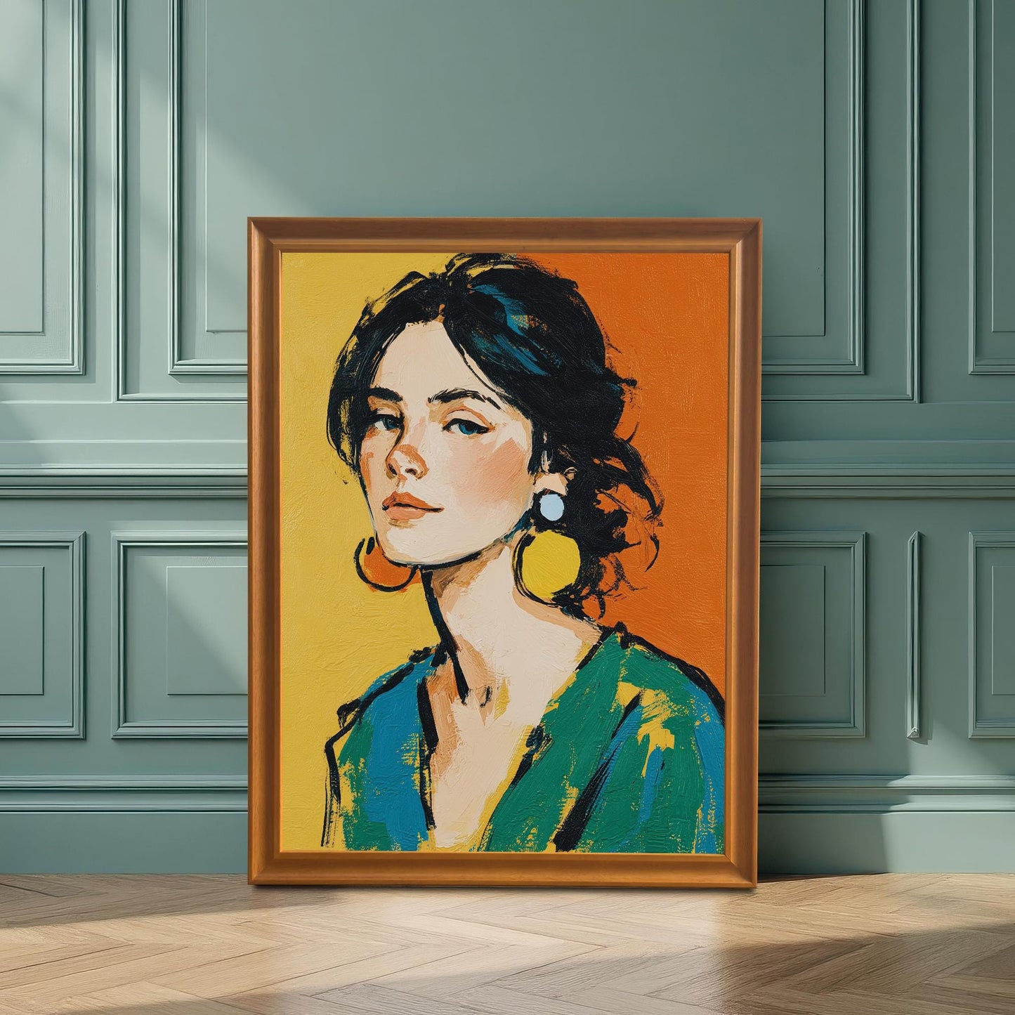 A framed art print of a woman with black hair and a serious expression leans on the floor against a paneled, teal-colored wall. The frame is a warm, orange-gold color.