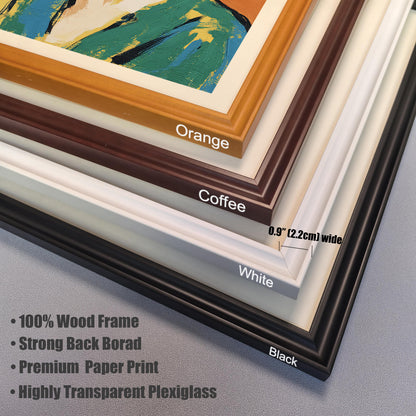 A close-up shows the corners of four wood frames in orange, coffee, white, and black. Text lists features like "100% Wood Frame" and "Highly Transparent Plexiglass."
