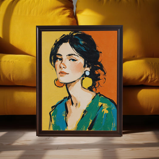 A framed art print of a woman with large earrings leans on a wood floor in front of a yellow couch. The frame is a dark, coffee color.