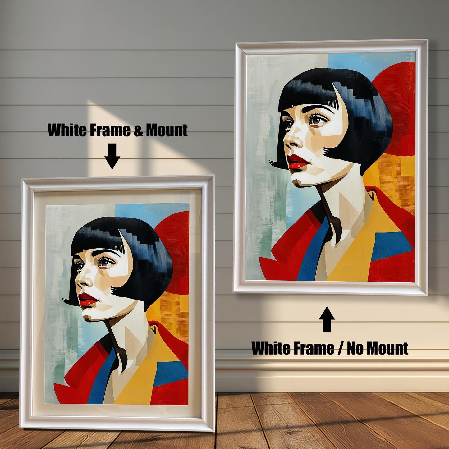 An art print of a woman with a bob haircut and red lips is shown in two white frames against a wood wall. One has a mount, and the other doesn't, illustrating the framing choices.