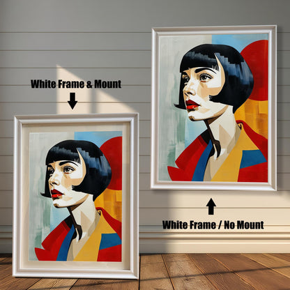 An art print of a woman with a bob haircut and red lips is shown in two white frames against a wood wall. One has a mount, and the other doesn't, illustrating the framing choices.