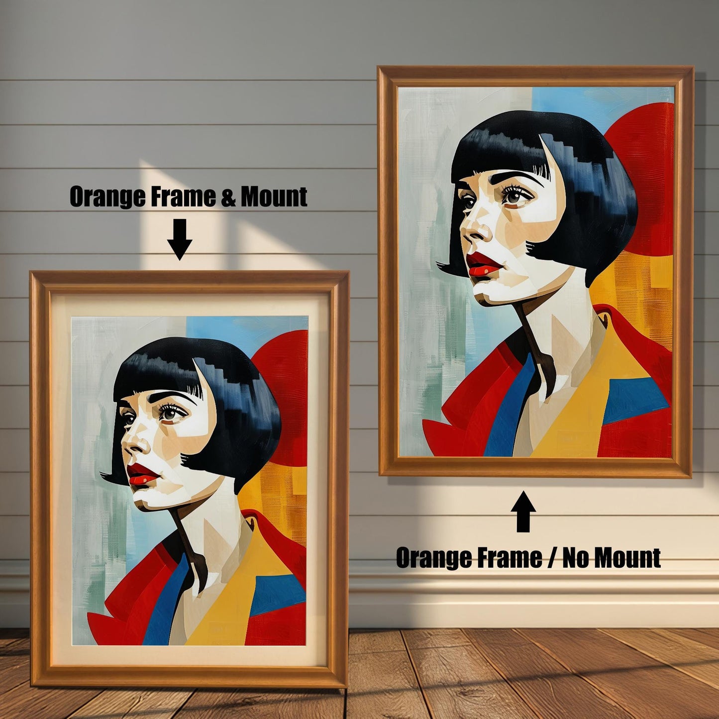 An art print of a woman with a bob haircut and red lips is shown in two orange frames against a wood wall. One has a mount, and the other doesn't, illustrating the framing choices.