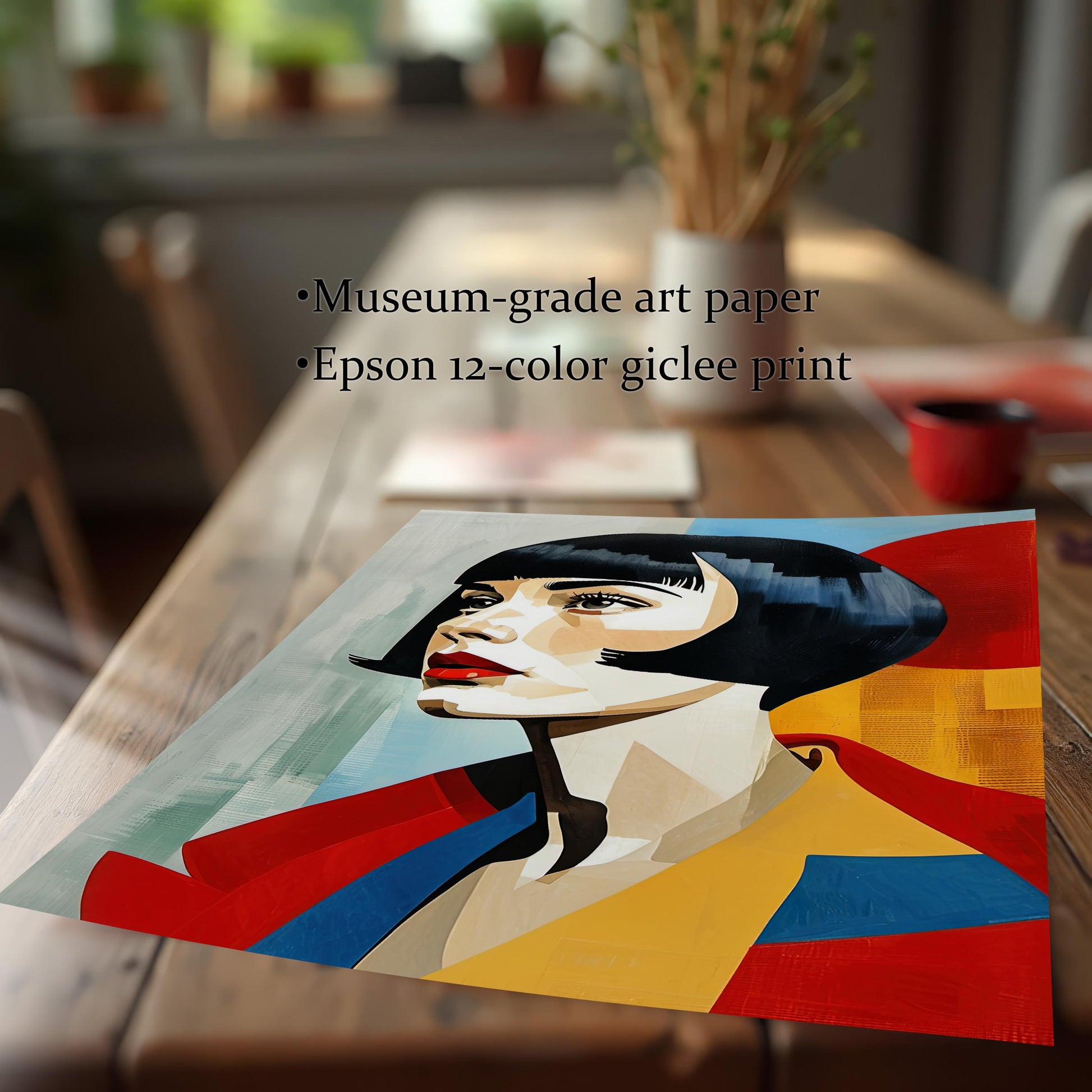 A loose art print of a woman with a bob haircut and red lips is on a wooden table. Text highlights the use of "Museum-grade art paper" and "Epson 12-color giclee print."