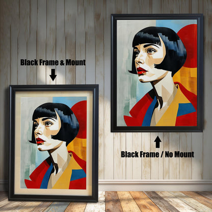 An art print of a woman with a bob haircut and red lips is shown in two black frames against a wood wall. One has a mount, and the other doesn't, illustrating the framing choices.