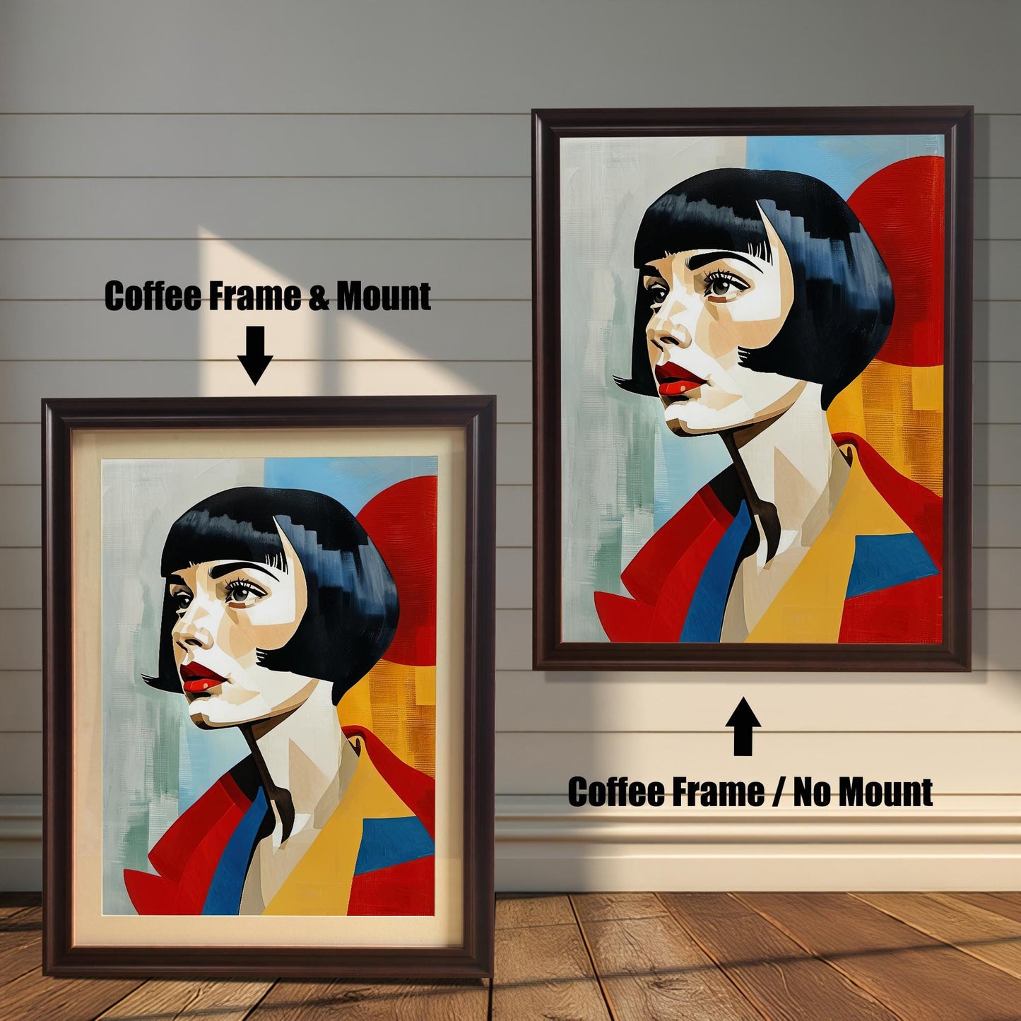 An art print of a woman with red lips and a bob haircut is shown in two coffee-colored frames against a wood wall. One has a mount, and the other doesn't, illustrating the framing options.