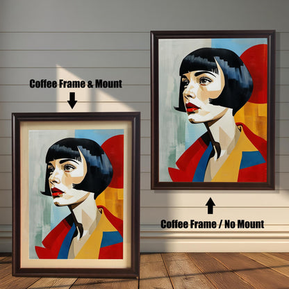 An art print of a woman with red lips and a bob haircut is shown in two coffee-colored frames against a wood wall. One has a mount, and the other doesn't, illustrating the framing options.