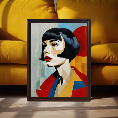 An art print of a woman with a bob haircut and red lips is shown in two black frames against a wood wall. One has a mount, and the other doesn't, illustrating the framing choices.