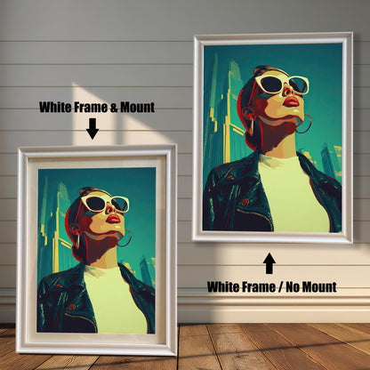 An art print of a woman in a leather jacket and sunglasses is shown in two white frames against a wood wall. One has a mount, and the other doesn't, illustrating the framing choices.