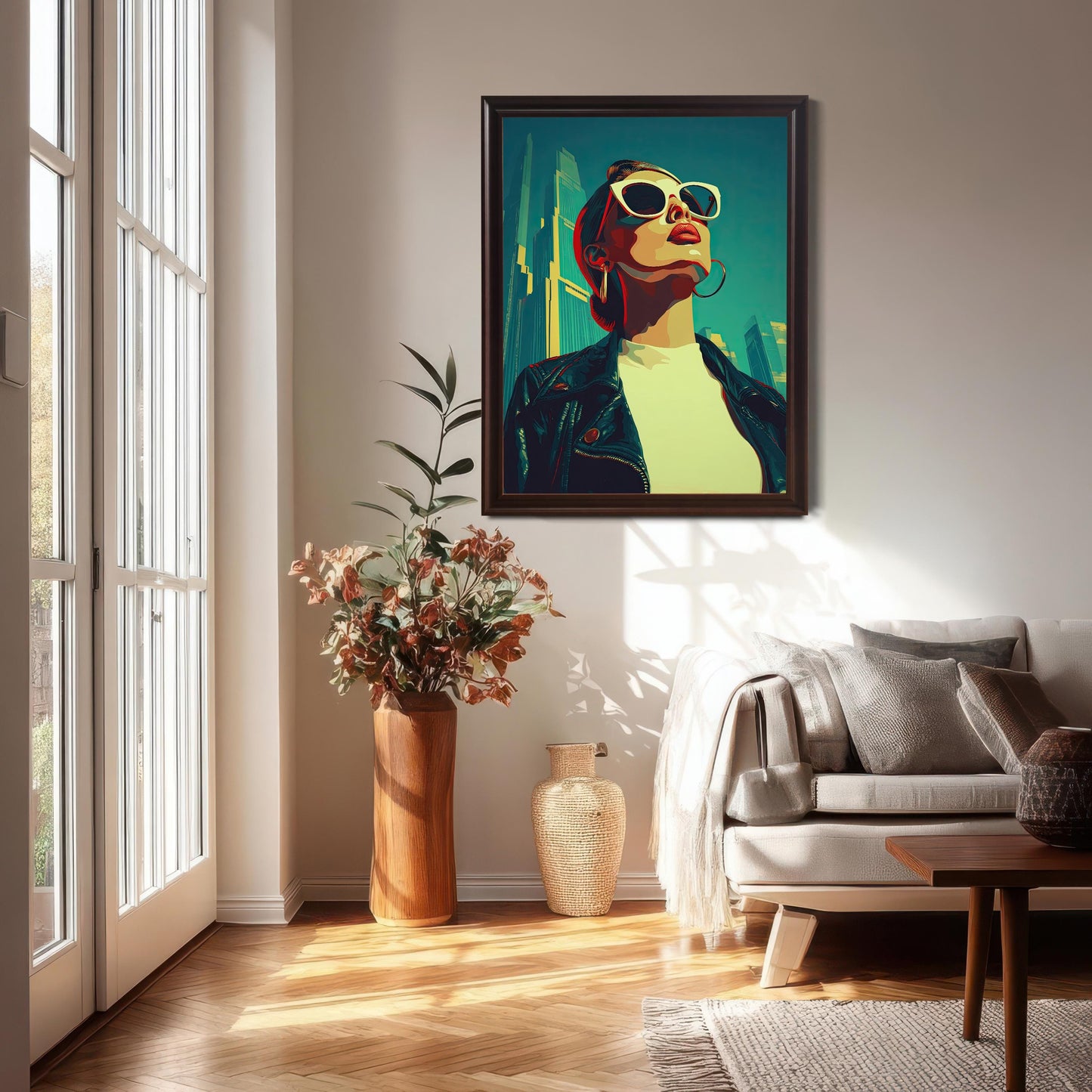 A framed art print of a woman in sunglasses and a leather jacket hangs on a white wall above a couch in a sunlit room. The frame is a dark, coffee color.