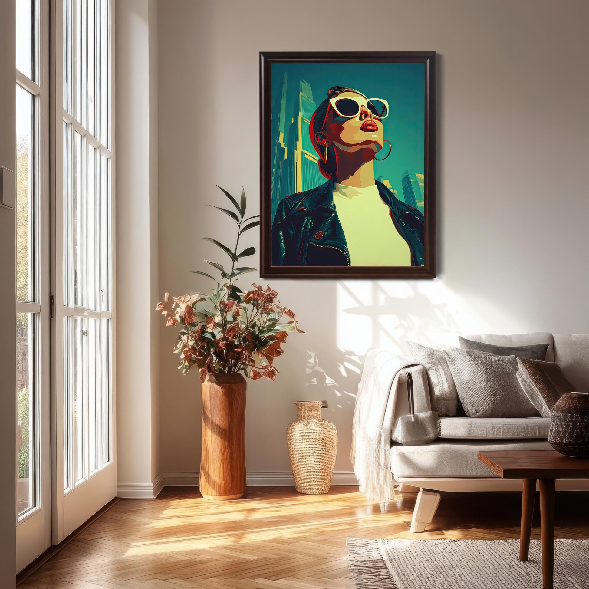 A framed art print of a woman in sunglasses and a leather jacket hangs on a white wall above a couch in a sunlit room. The frame is a dark, coffee color.