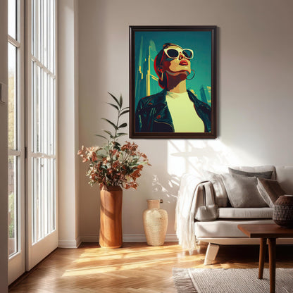 A framed art print of a woman in sunglasses and a leather jacket hangs on a white wall above a couch in a sunlit room. The frame is a dark, coffee color.