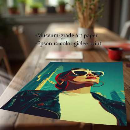 A loose art print of a woman in a leather jacket and sunglasses is on a wooden table. Text highlights the use of "Museum-grade art paper" and "Epson 12-color giclee print."