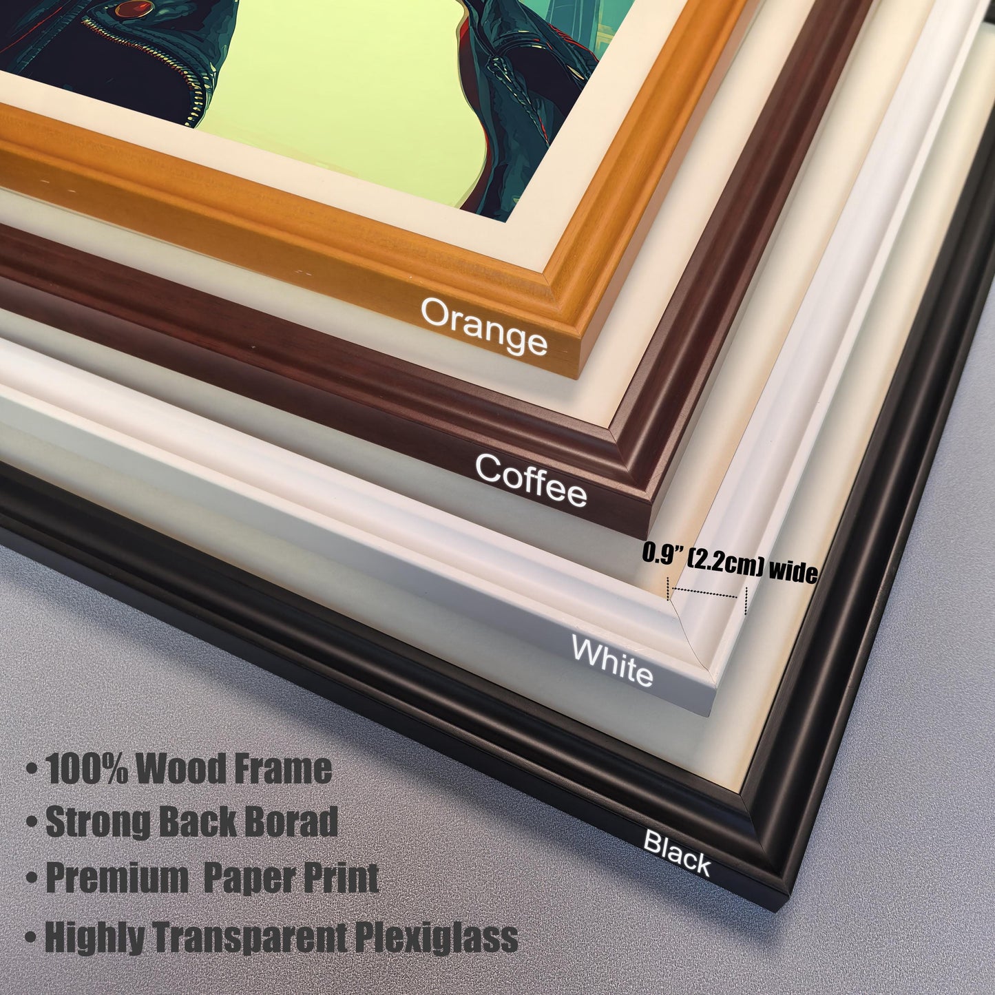 A close-up shows the corners of four wood frames in orange, coffee, white, and black. Text lists features like "100% Wood Frame" and "Highly Transparent Plexiglass."